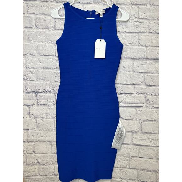 Dress The Population Blue Ribbed Bodycon Midi Stretch Sheath Dress SZ 2 NEW tags - Picture 1 of 3